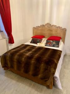 Saint-Martin-du-PuyChambre d'hôtes La Chouette的一张带棕色毯子和红色枕头的床