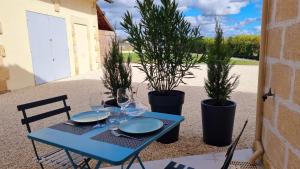 圣艾米隆LA MAISON DES VIGNES SAINT EMILION的蓝桌,带盘子和酒杯及盆栽植物