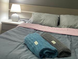坎普斯戈伊塔卡济斯Flat aconchegante próximo a Pelinca的一张带两条毛巾和一盏灯的床