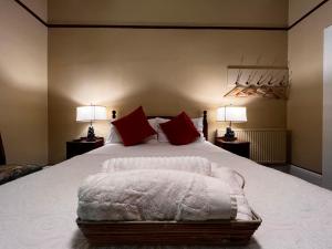 黑荒地The Boutique Hotel Blue Mountains的一间卧室配有一张带红色枕头的床和两盏灯。
