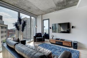 魁北克市莱斯沙勒瓦公寓 - 760610的客厅配有真皮沙发和电视