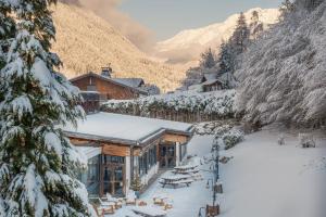 夏蒙尼-勃朗峰Big Sky Hotel的山间滑雪小屋,地面上积雪