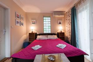 帕利克Vila Eden Palić的一间卧室配有一张带粉色毯子的大床