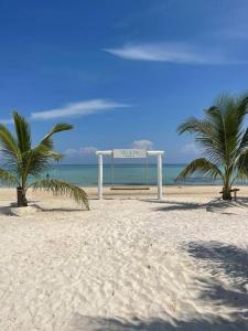 瓜隆岛You&Me Resort的两棵棕榈树和一个目标的海滩