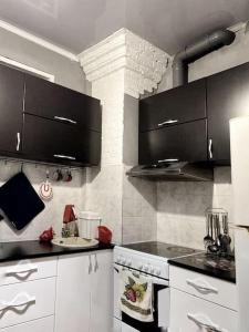 乌斯季卡缅诺戈尔斯克Квартира的厨房配有白色家电和黑色橱柜