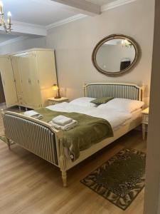波兹南比厄德鲁斯克宫殿旅馆的卧室配有一张壁挂镜子的床