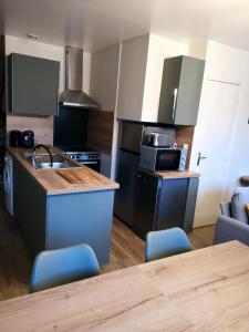 圣瓦斯特拉乌格Appartement de 2 chambres a Saint Vaast la Hougue a 200 m de la plage avec wifi的厨房配有水槽和台面