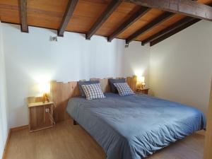 菲盖拉-达福什Casa Agrícola Do Limonete的一间卧室配有一张带蓝色床单和木制天花板的床。