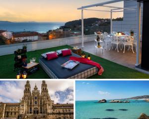 桑亨霍Luxury Singular Villa Canelas的两张带一张床铺和一张桌子的阳台的照片