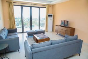 达累斯萨拉姆PALMVILLAGE MIKOCHENI的客厅配有2张蓝色沙发和1台电视