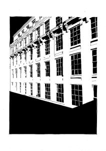 利物浦School Lane Hotel in Liverpool ONE的建筑物的黑白图像
