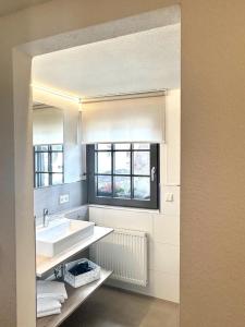 弗里森海姆奥赫森酒店的白色的浴室设有水槽和窗户。