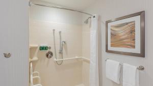 格林维尔Courtyard by Marriott Greenville Downtown的浴室配有淋浴和带毛巾的卫生间。