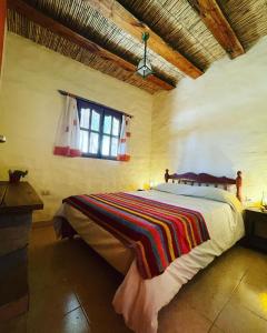 蒂尔卡拉Hostería Plaza Chica Tilcara的一间卧室配有一张带彩色毯子的床