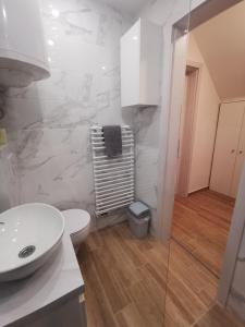 博希尼Apartma LINA, Encijan D-38的白色的浴室设有卫生间和水槽。