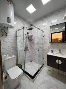 杜尚别Hotel Sharq的带淋浴、卫生间和盥洗盆的浴室