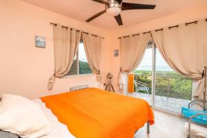别克斯Vieques Villa Gallega - Oceanview w/Infinity Pool的一间卧室设有一张床和一个大窗户