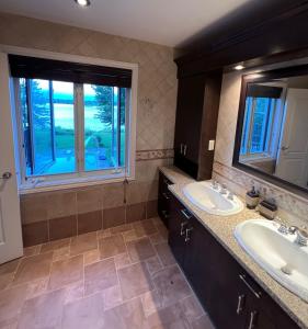蒙特利尔Villa Delrose Waterfront的一间带两个盥洗盆和窗户的浴室