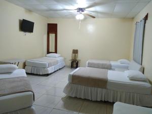 San JorgeHotel Dalinky的客房设有三张床和一台平面电视。