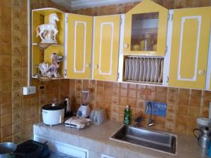 圣安德烈斯Posada Nativa Miss Casira的厨房配有黄色橱柜和水槽