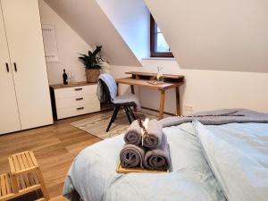 马克莱贝格Seezeit - gemütliche Ferienwohnung, Tiefgarage, Cospudener See的一间卧室配有一张带桌子和椅子的床