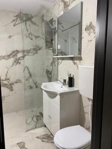 锡盖图马尔马切伊MODERN House的浴室配有卫生间、盥洗盆和淋浴。