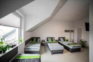 别尔斯克-比亚拉Viva Noclegi的阁楼间设有三张床和一扇窗户。