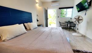 科苏梅尔Cozumel 400A - Vacation Rental的一间卧室配有一张大床和风扇