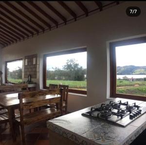 阿基塔尼亚Villa Rosario的厨房配有炉灶、桌子和2扇窗户。