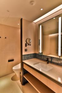 八里八里福朋喜来登酒店的一间带水槽、卫生间和镜子的浴室