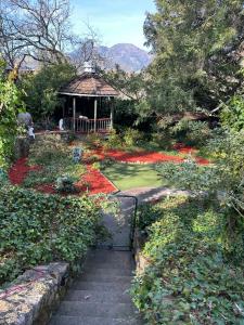 卡利斯托加山麓之家旅馆的一个带凉亭和红色鲜花的花园