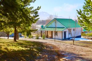 KaynazarkaBerry House close to Talgar Almaty的田野上带绿色屋顶的小房子