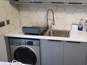 伦敦The Navarone Blue Orchid Flat的厨房配有水槽和洗衣机