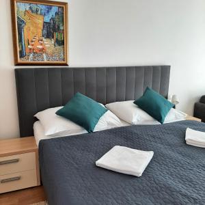 特伦钦garni Hotel S.O.G.* * *的一间卧室配有两张带绿色和白色枕头的床
