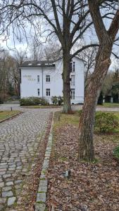 维尔道Penthouse in Villa am Wasser + Parken + WLAN + Netflix +Kamin的背景中的一棵树和一座白色的建筑