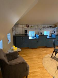 卢马Lomma Station Inn的厨房配有蓝色橱柜、沙发和桌子
