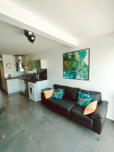 阿格德角Cap d'Agde Naturiste F的一间带黑色沙发的客厅和一间厨房