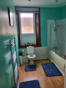 MethilHomely Apartment near the Beach with Mini Luxuries的浴室设有卫生间、窗户和蓝色地毯。