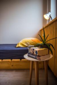 伊德里亚伊德里亚旅舍的一张桌子,上面有书,放在床边