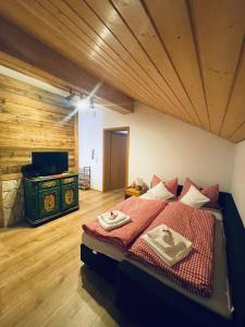 菲利普斯罗伊特Almberghütte的一间卧室,床上有两张盘子