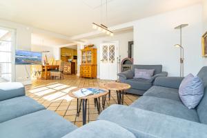 韦斯特兰Landhaus Nici的客厅配有蓝色的沙发和桌子