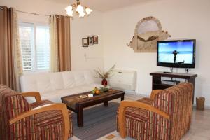 Arbel阿贝尔沙维特家庭宾馆的客厅配有白色沙发和电视