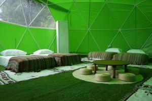 云顶高原iGo Glamz 爱狗露营 Pet Friendly Glamping的绿色的客房设有四张床和一张桌子