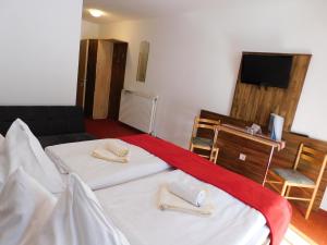 上陶恩Alpenhotel & Aparthotel Lanz的酒店客房设有两张床和电视。