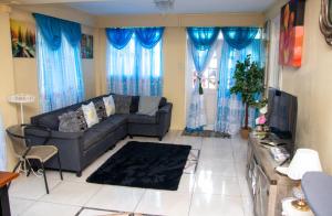 Arnos ValePRI Guest House的带沙发和蓝色窗帘的客厅