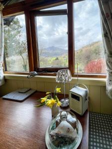 凯珀尔克里格5 Star Shepherds Hut in Betws y Coed with Mountain View的客房设有窗户和带微波炉的桌子。