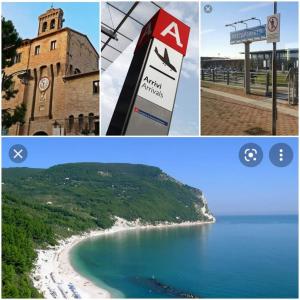 法尔科纳拉·玛里提马Al Castello - Aeroporto delle Marche - Ancona的海滩和钟楼图片的拼合