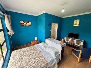 SengaMain Stream Beach Villa的一间卧室设有蓝色的墙壁、一张床和一张书桌