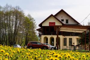 NemţişorComplex Zimbru的前面有一片黄色花的房屋
