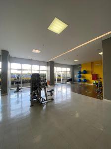 巴西利亚Incrível Apto DF Plaza com vista的大型客房带窗户,设有健身房和有氧健身器材